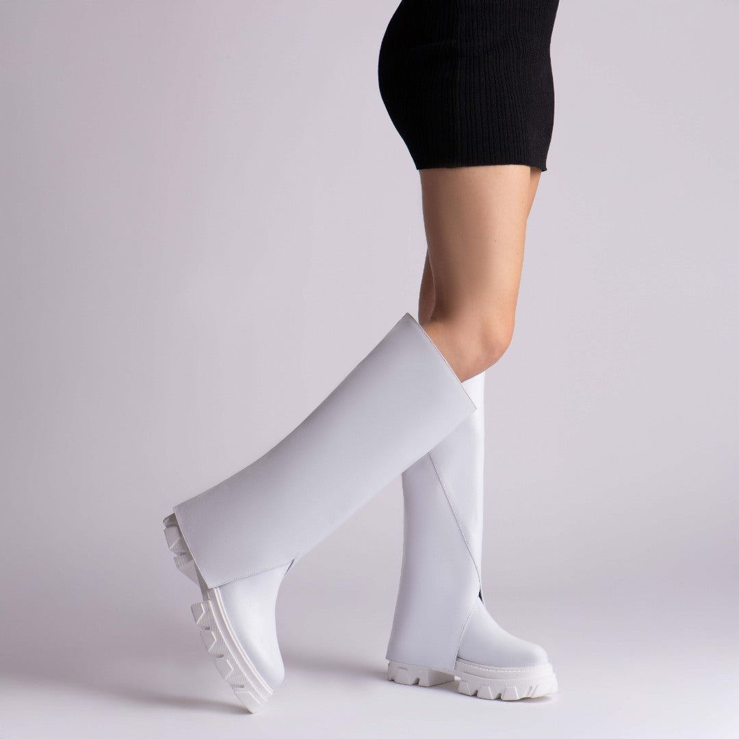 Bocanci Inalti Dama Trikki White din Piele