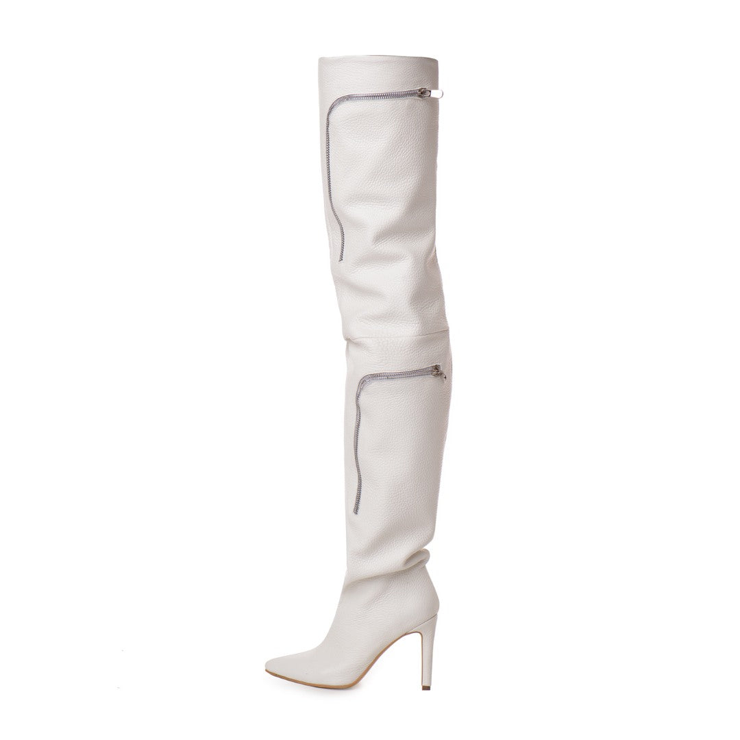 Cizme Lungi Pocket White din Piele