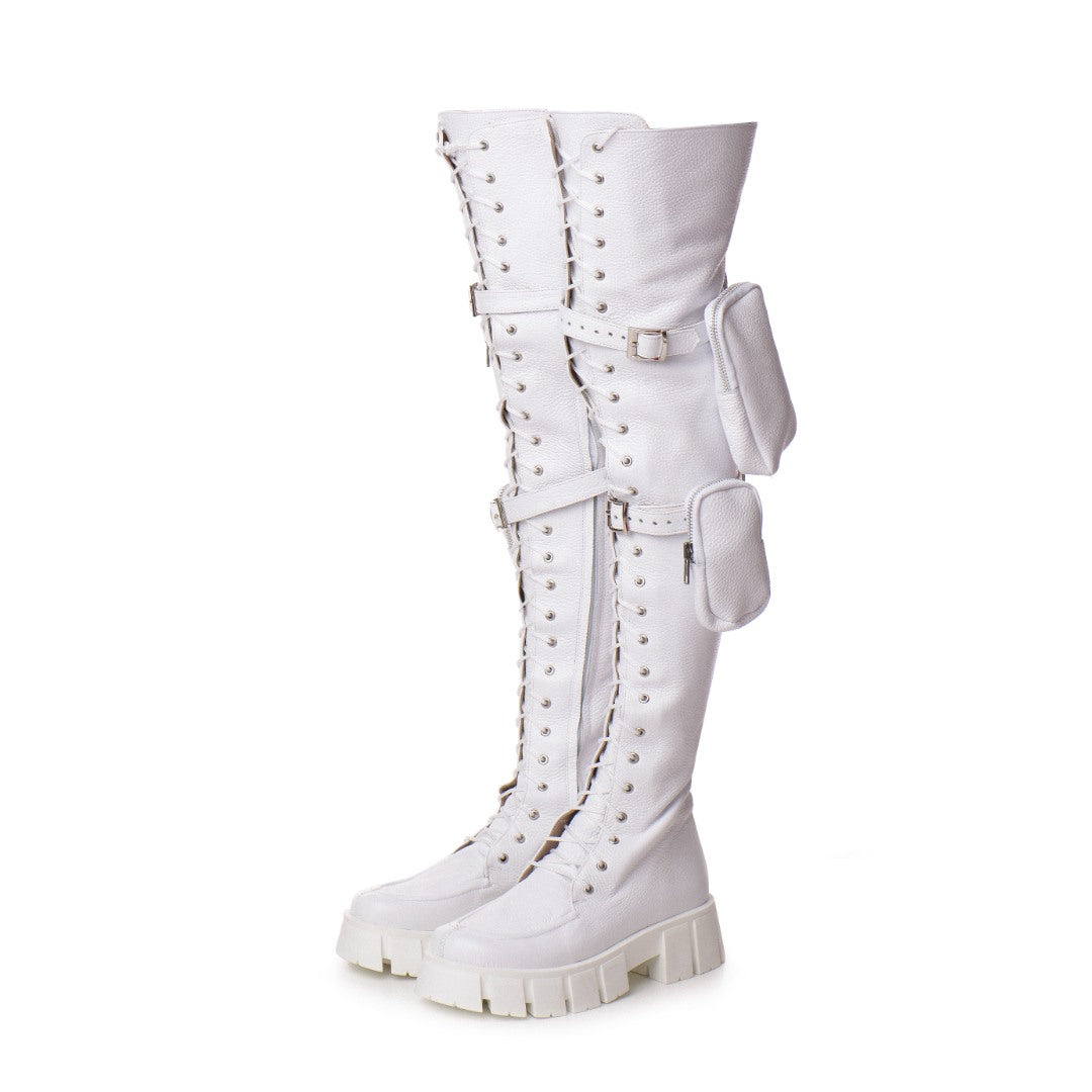 Bocanci Piele Naturala Dama Pocket White Platforma