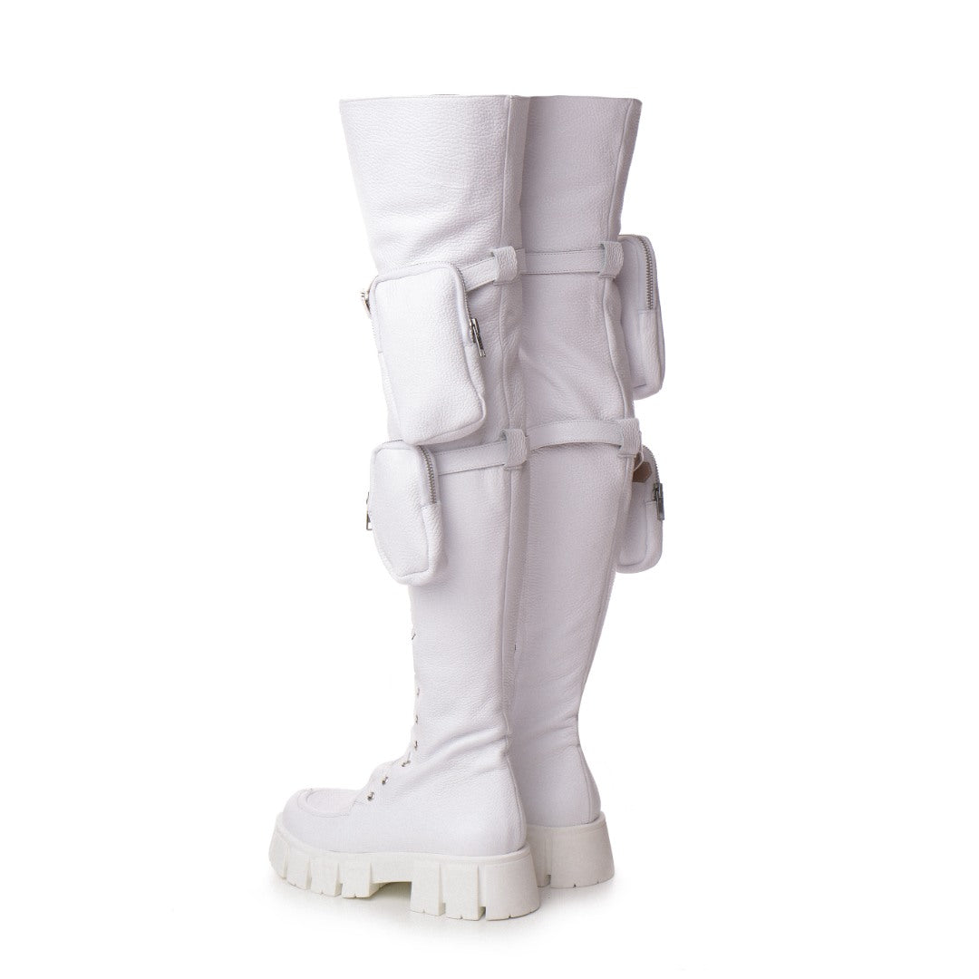 Bocanci Piele Naturala Dama Pocket White Platforma