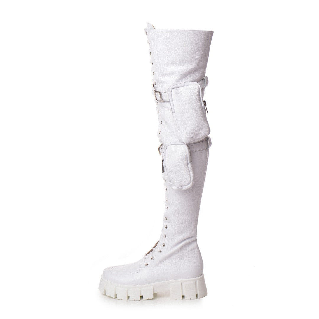 Bocanci Piele Naturala Dama Pocket White Platforma