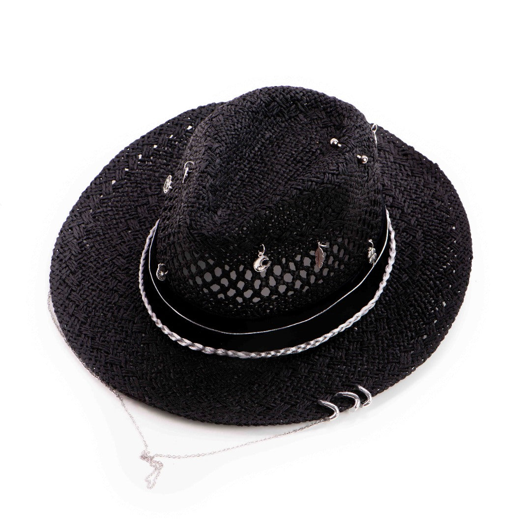 Palarie Neagra De Vara Cu Accesorii Argintii