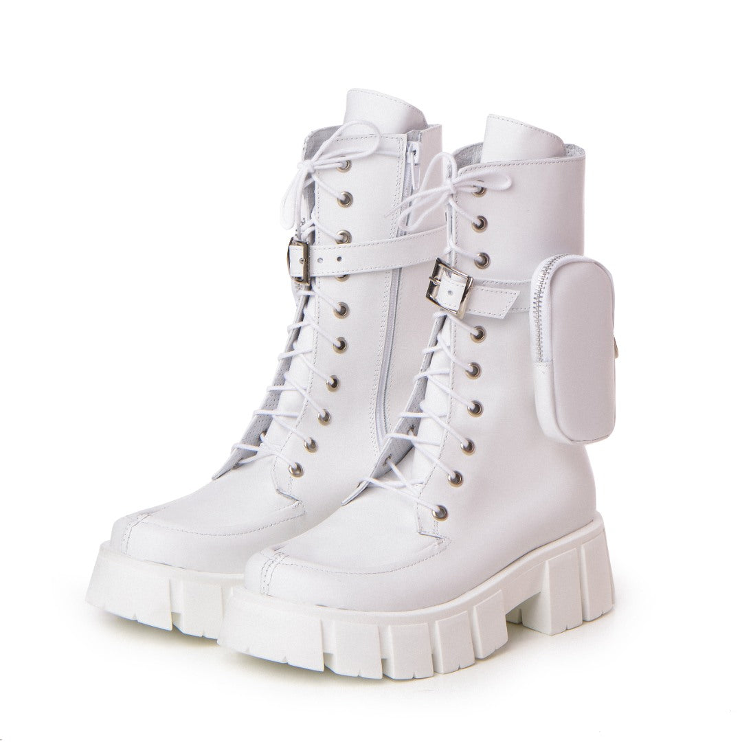 Bocanci Piele Naturala Dama Pocket White Mini