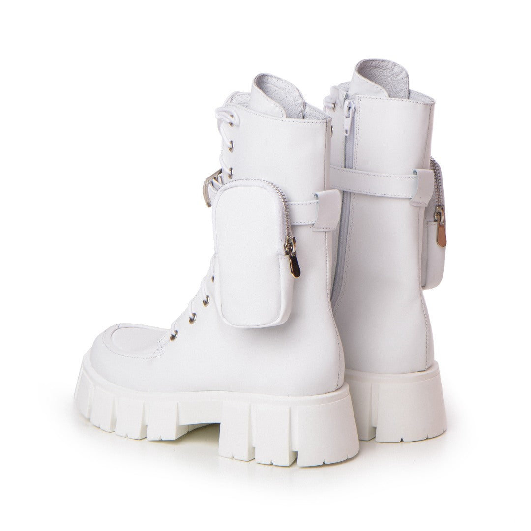 Bocanci Piele Naturala Dama Pocket White Mini