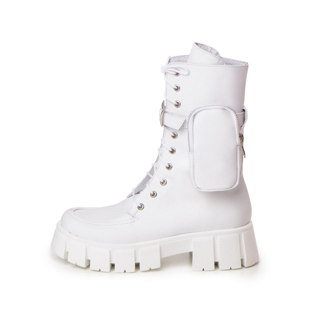 Bocanci Piele Naturala Dama Pocket White Mini