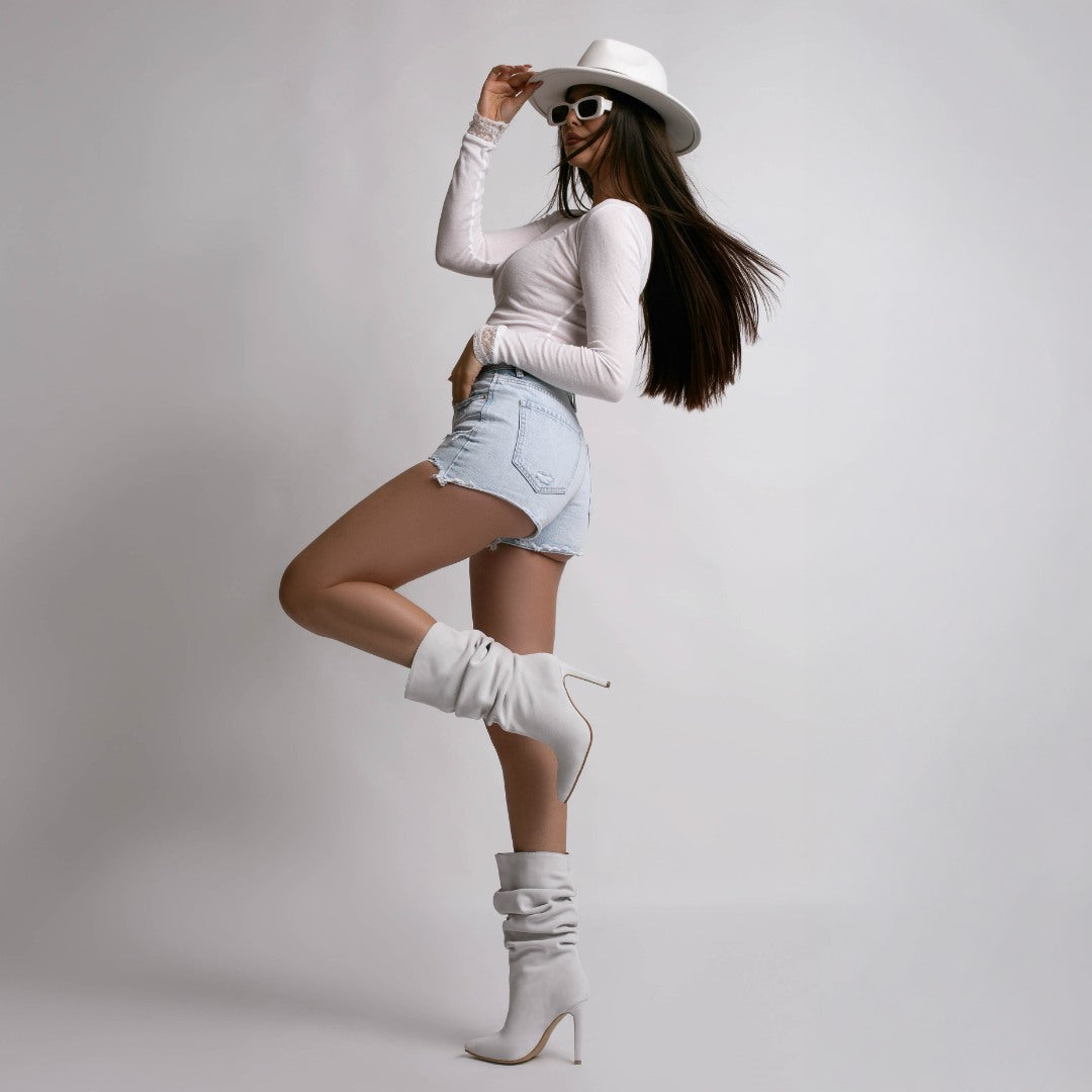 24h Botine dama Space White din piele naturala intoarsa