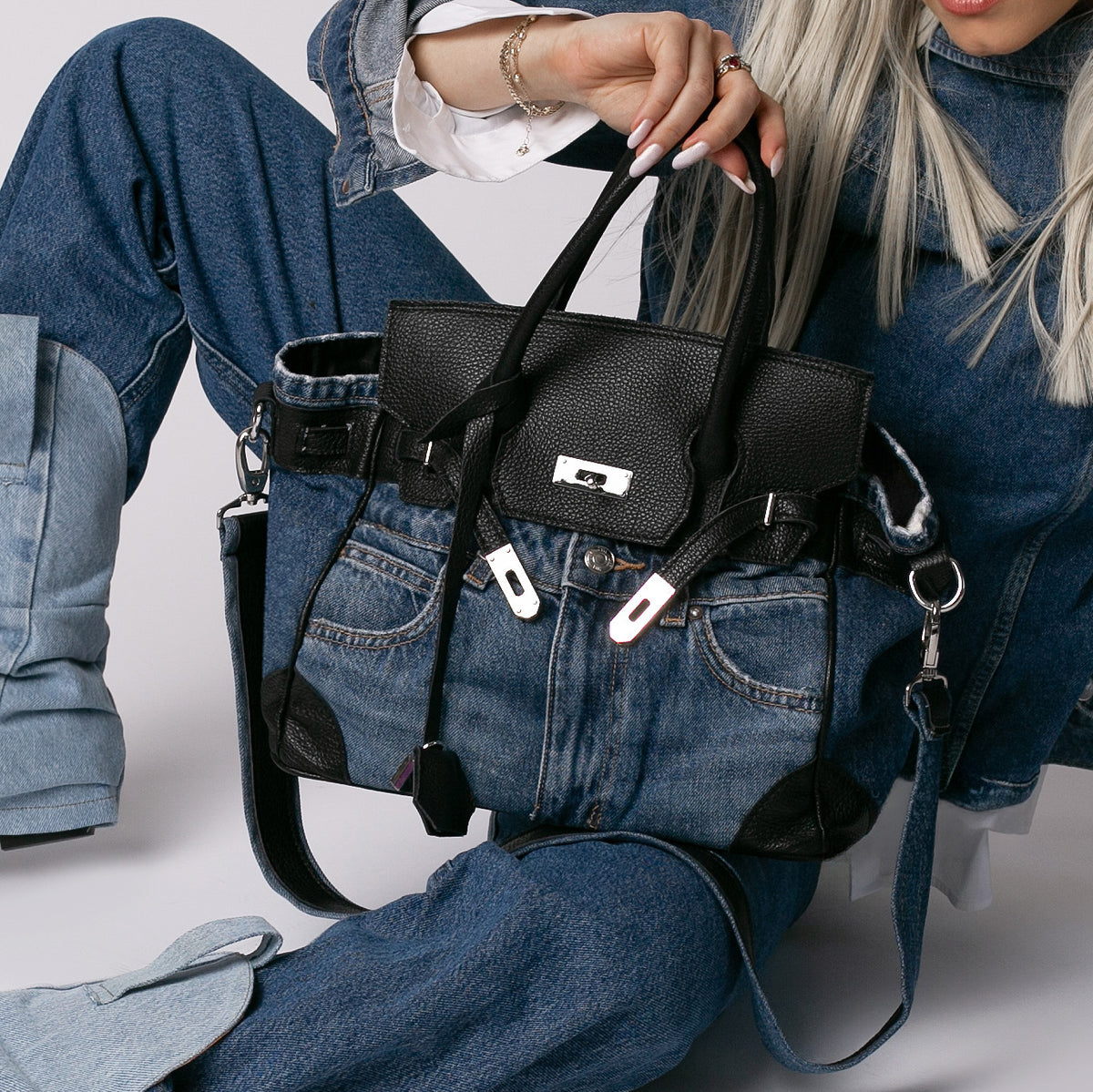 Geanta din piele naturala si denim Myko Avenue