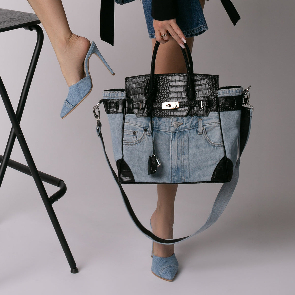 Geanta din piele naturala si denim Myko Muse