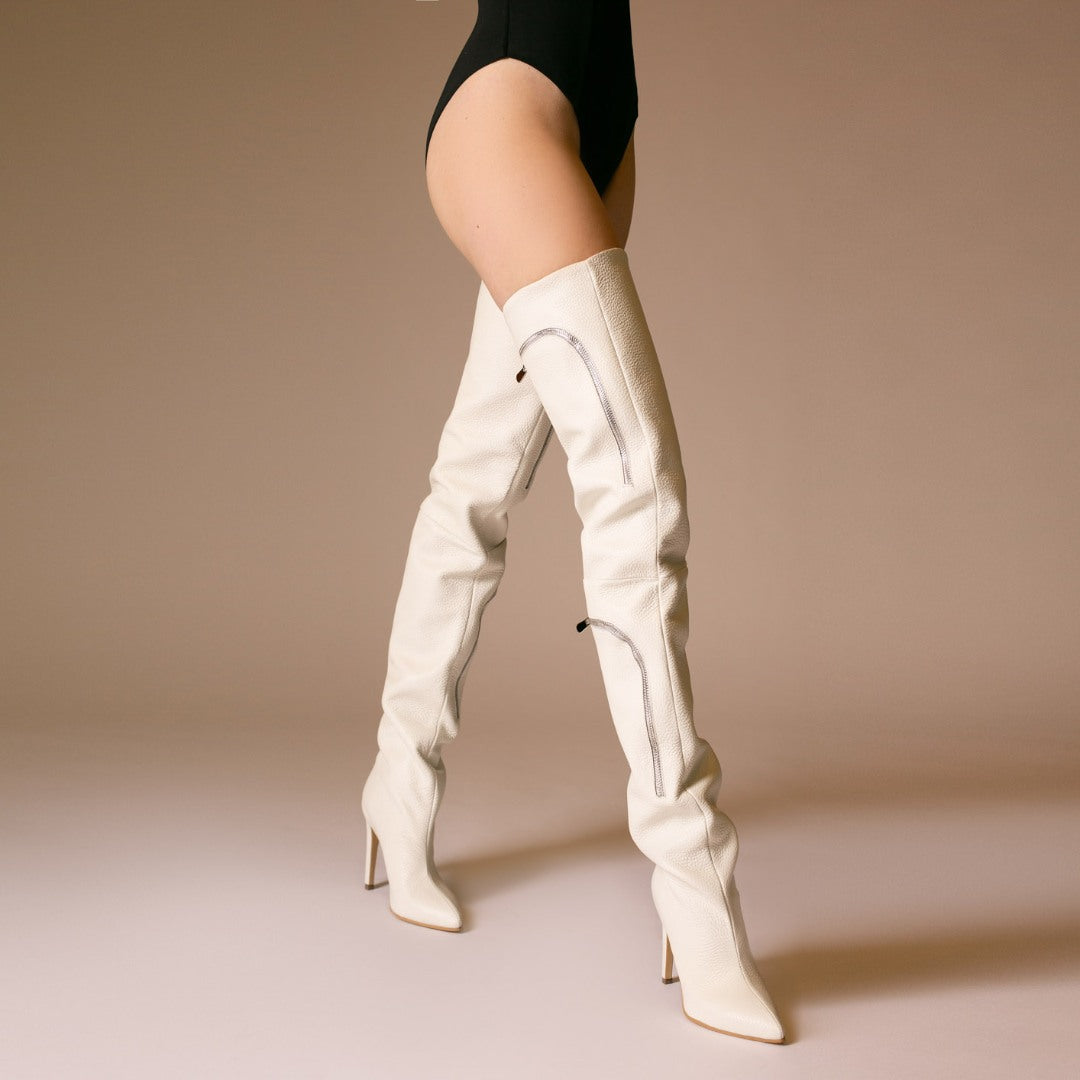 Cizme Lungi Pocket White din Piele