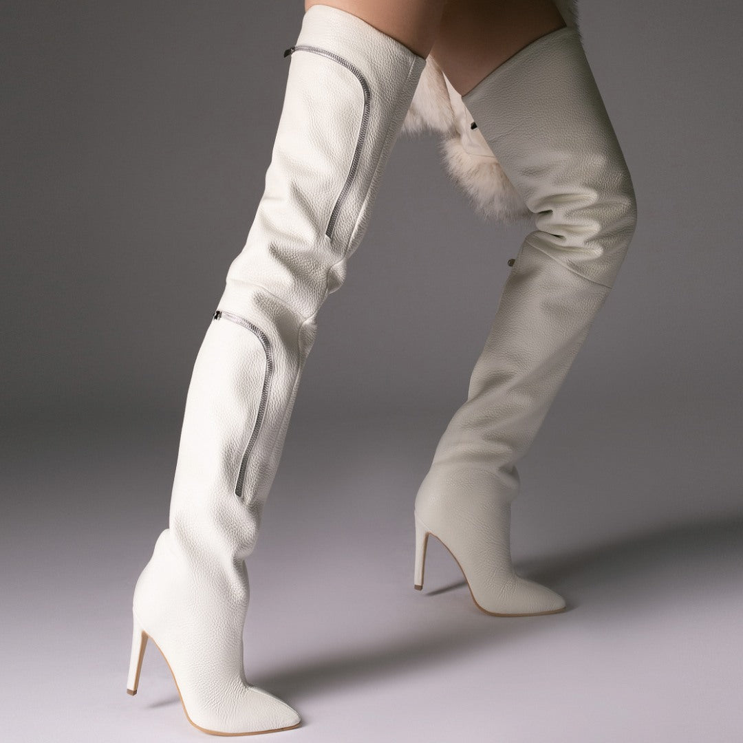 Cizme Lungi Pocket White din Piele