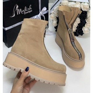 Bocanci Piele Intoarsa Dama Zipper Nude