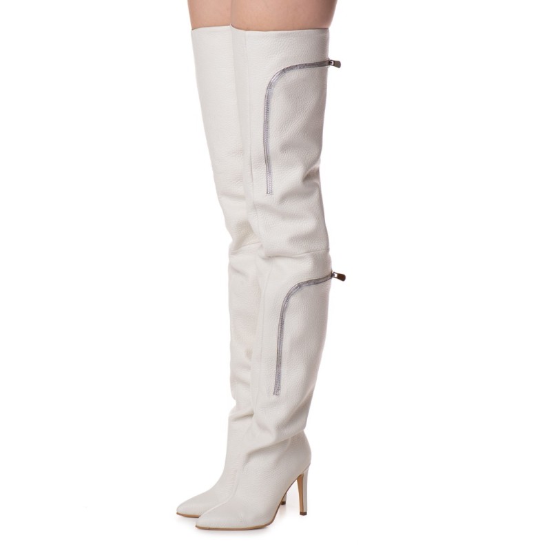 Cizme Lungi Pocket White din Piele