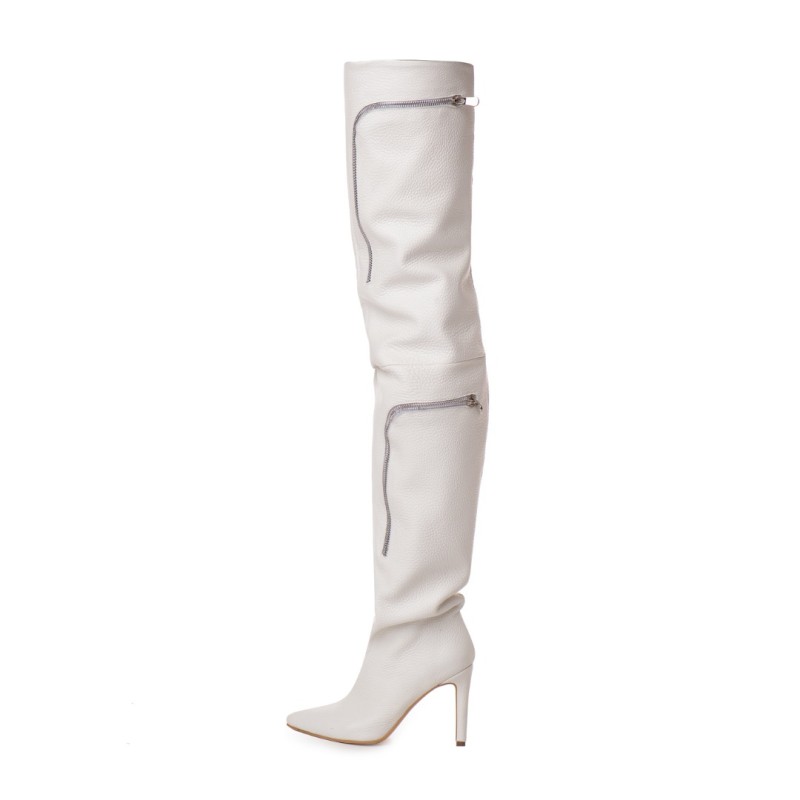 Cizme Lungi Pocket White din Piele