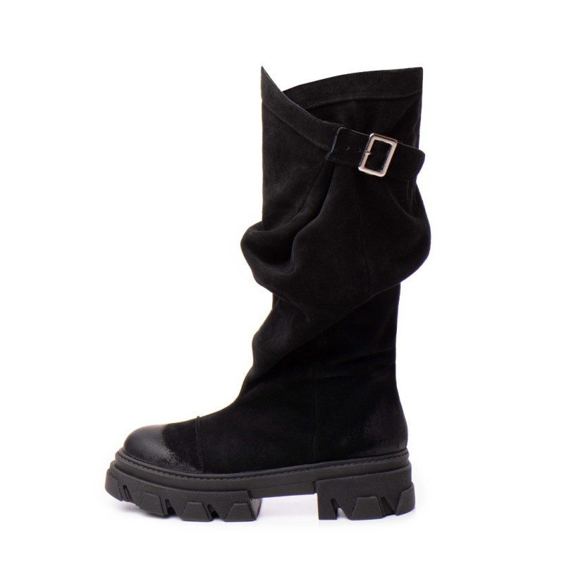 Bocanci piele intoarsa de dama fronsate Trisha Black