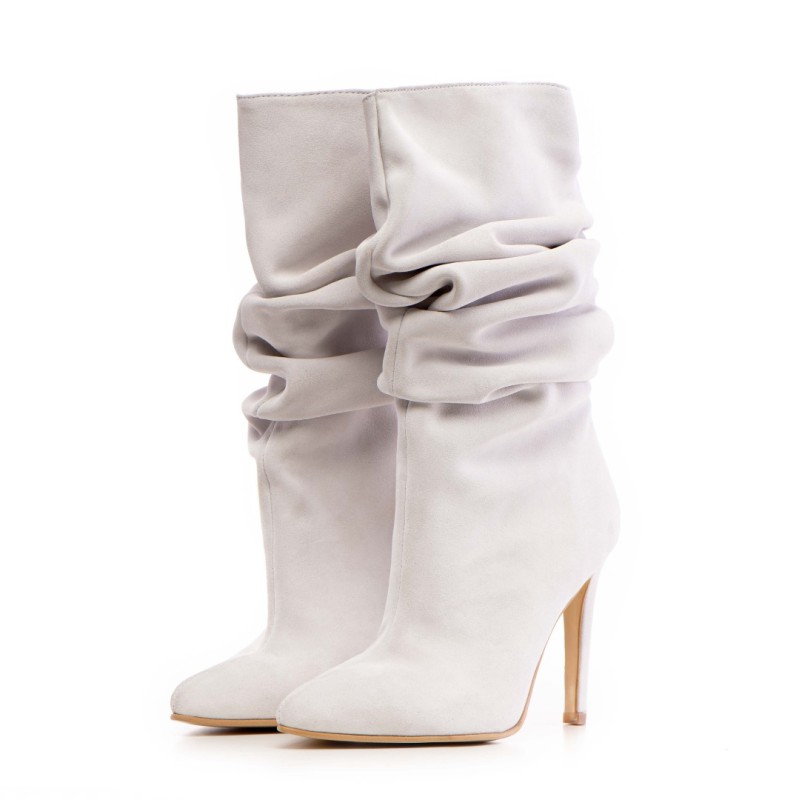 Botine dama Space White din piele naturala intoarsa