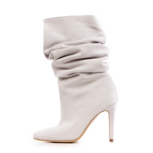 24h Botine dama Space White din piele naturala intoarsa