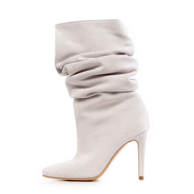 Botine dama Space White din piele naturala intoarsa