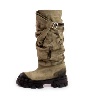 Bocanci piele naturala de dama fronsate Trisha Kaki