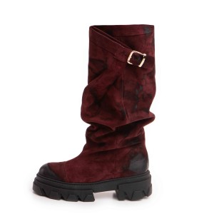 Bocanci piele naturala de dama fronsate Trisha Burghundy