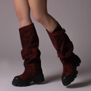 Bocanci piele naturala de dama fronsate Trisha Burghundy