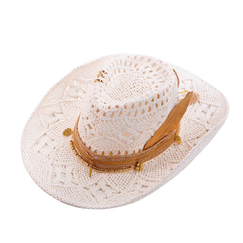 24h Palarie Alba De Vara Cu Pana Aurie