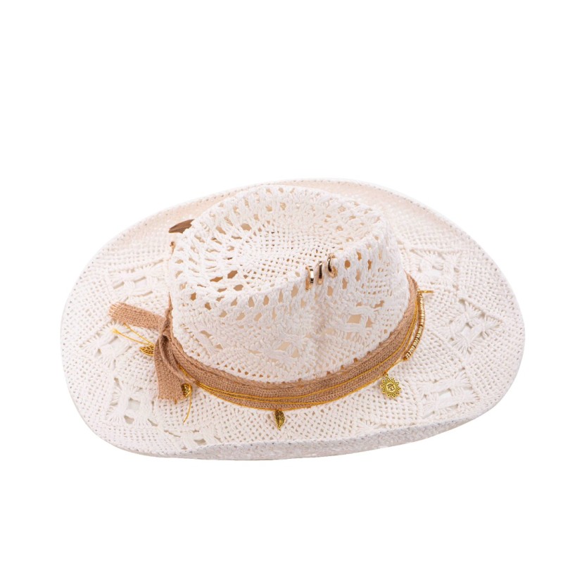 24h Palarie Alba De Vara Cu Pana Aurie