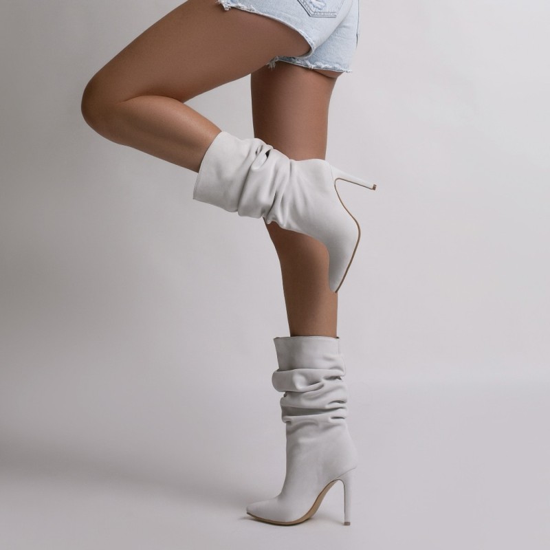Botine dama Space White din piele naturala intoarsa