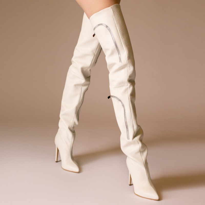 Cizme Lungi Pocket White din Piele